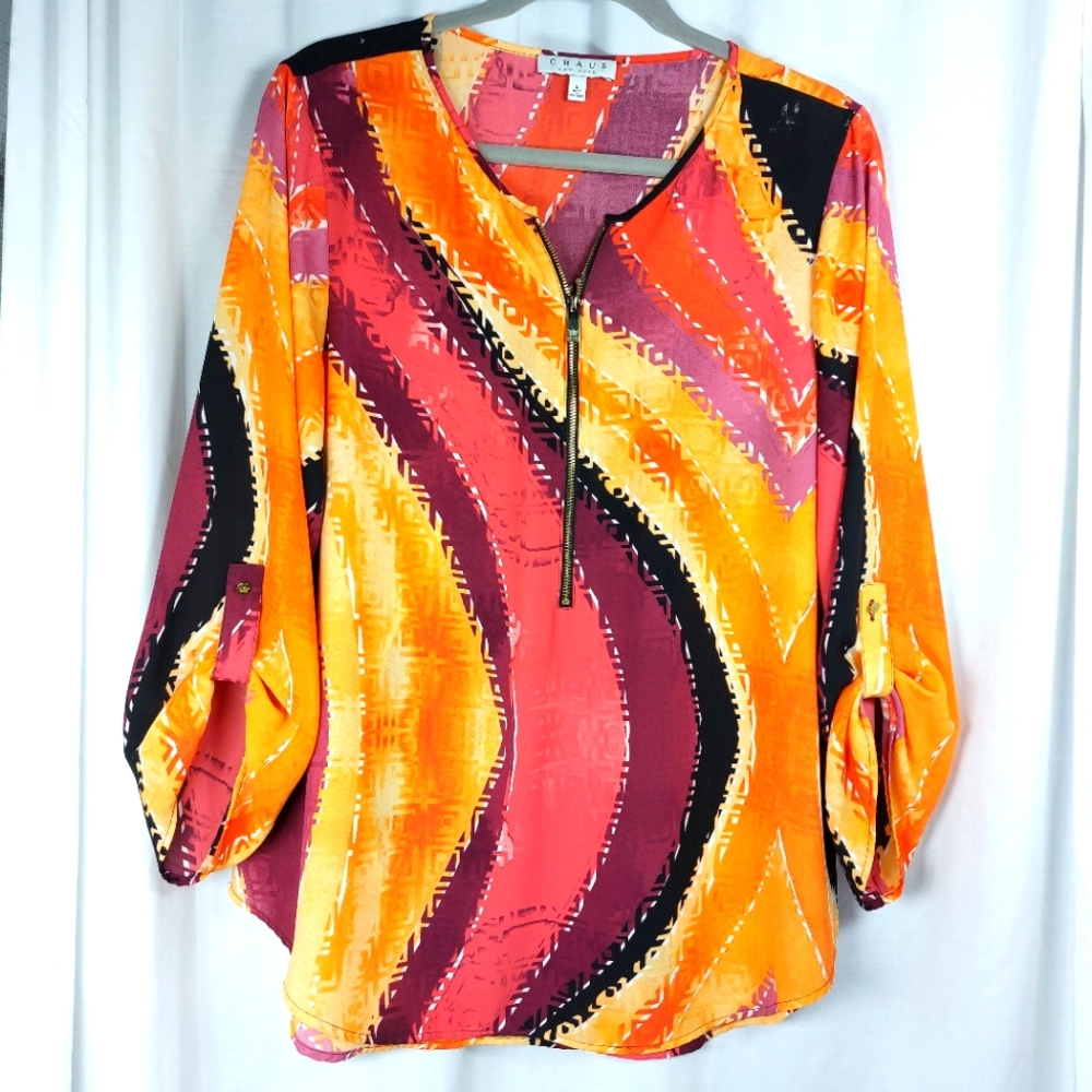CHAUS NEW YORK Multicolor Abstract Semi Sheer Zip Front Blouse Top Wms Large